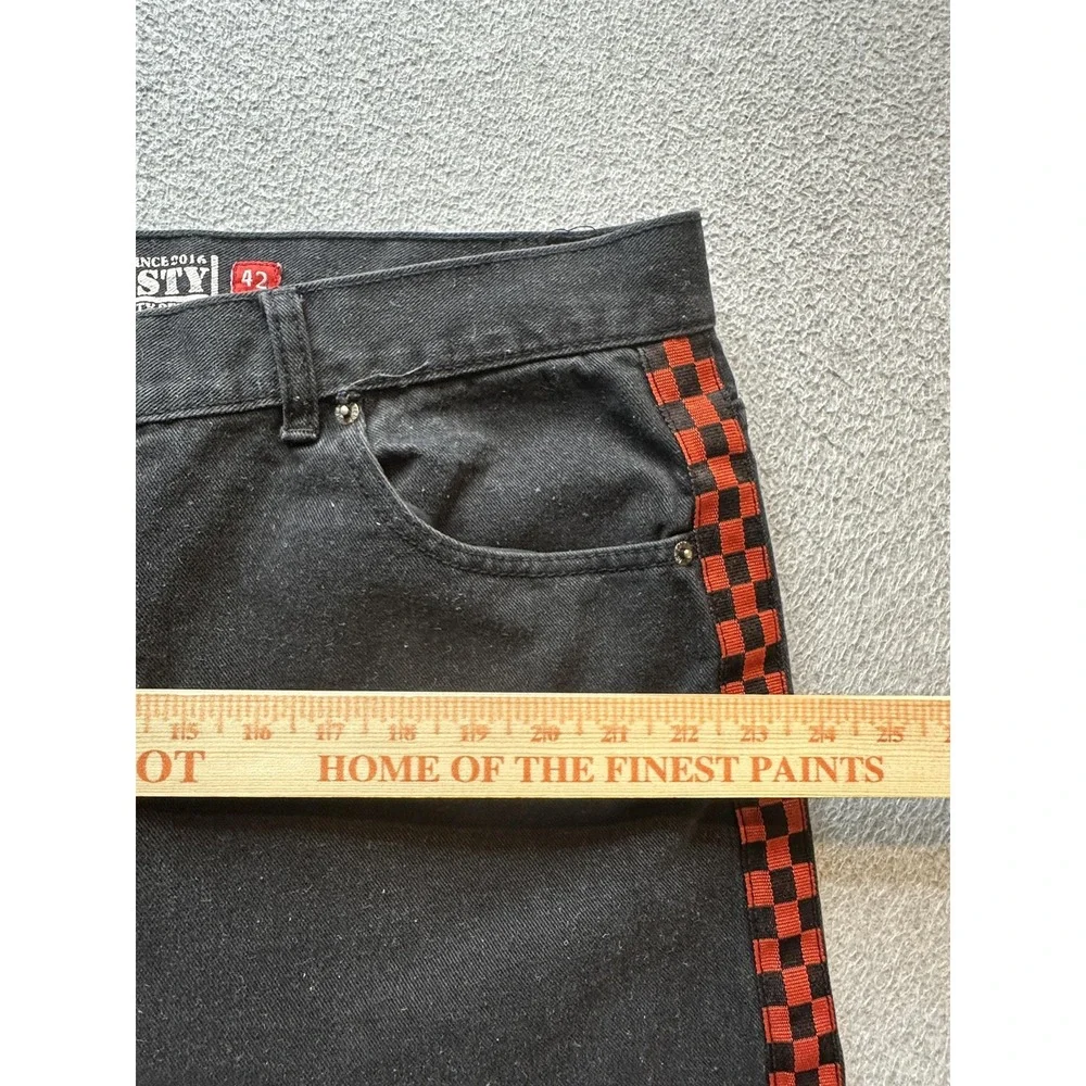 Lion Dynasty Jeans Mens 42x30 Black Denim Moto Biker Ribbed Red Checkered Stripe